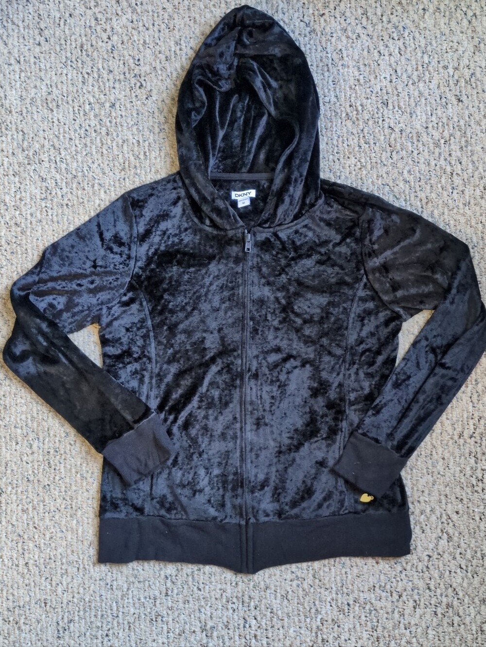 DKNY Velvety Velour Super Soft Black Hoodie Sz M Full Zip
